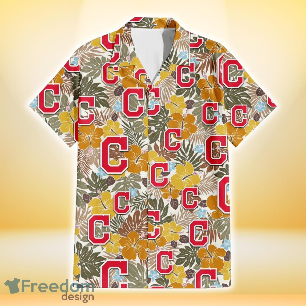 Cleveland Indians Brown Yellow Hibiscus White Background 3D Hawaiian Shirt Gift For Fans Product Photo 2