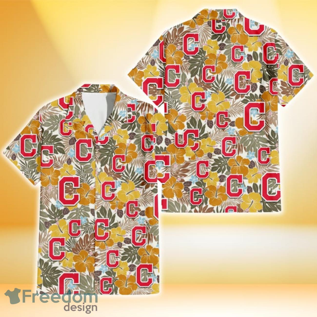 Cleveland Indians Brown Yellow Hibiscus White Background 3D Hawaiian Shirt Gift For Fans Product Photo 1