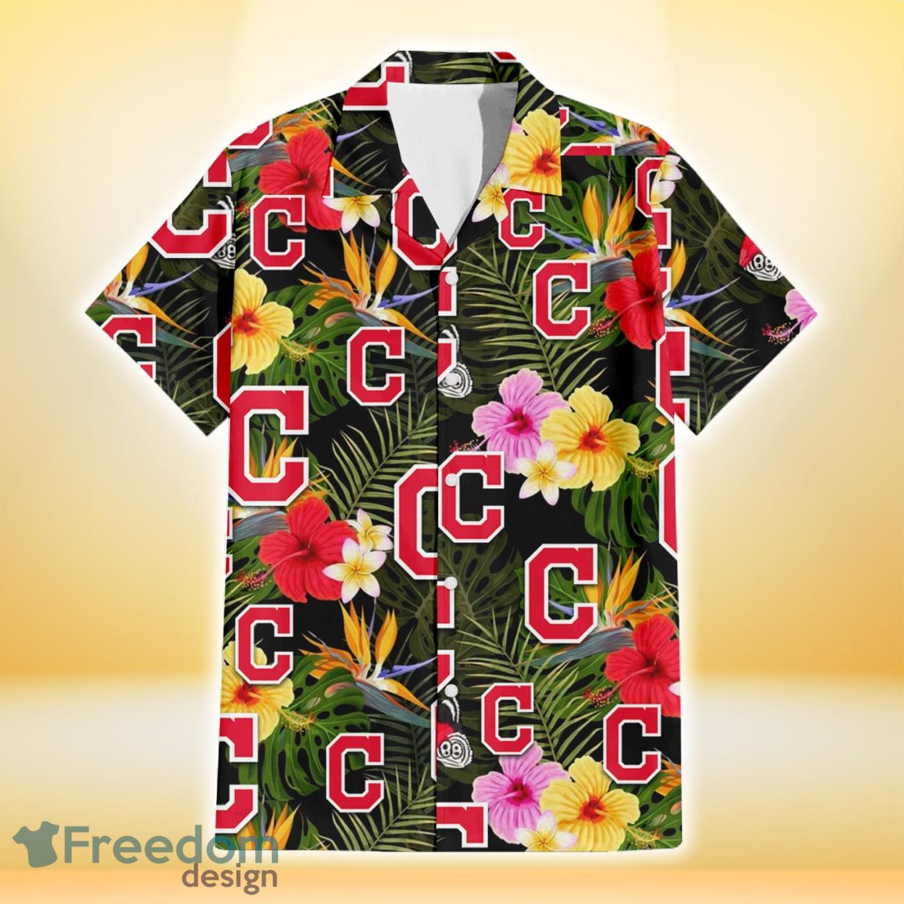 Cleveland Indians Colorful Hibiscus Green Leaf Back Background 3D Hawaiian Shirt Gift For Fans Product Photo 2