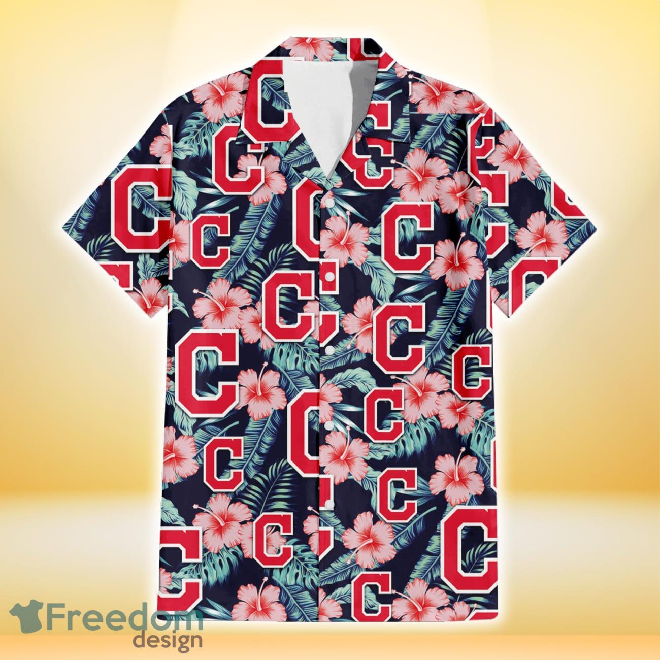 Cleveland Indians Coral Hibiscus Green Banana Leaf Black Background 3D Hawaiian Shirt Gift For Fans Product Photo 2