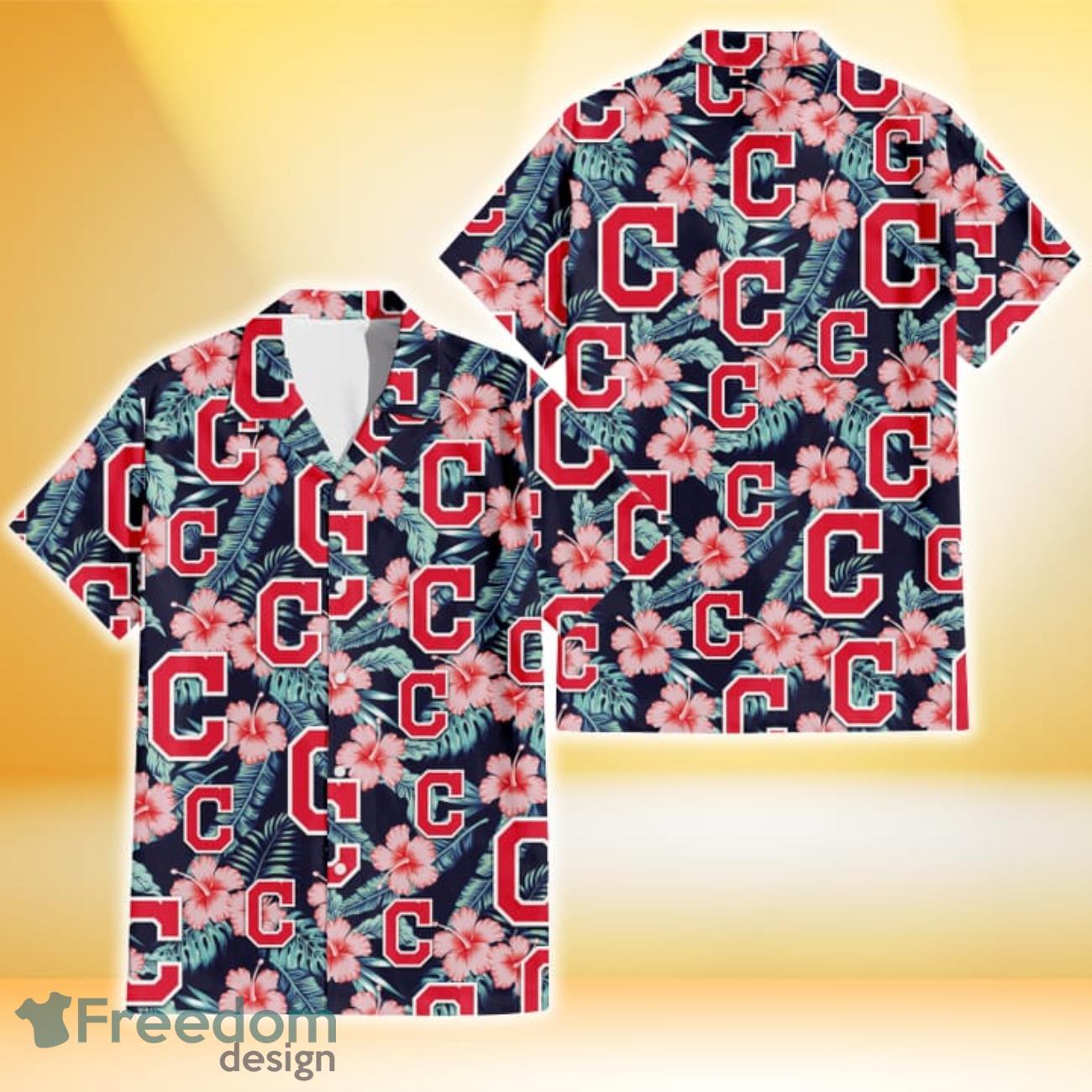 Cleveland Indians Coral Hibiscus Green Banana Leaf Black Background 3D Hawaiian Shirt Gift For Fans Product Photo 1