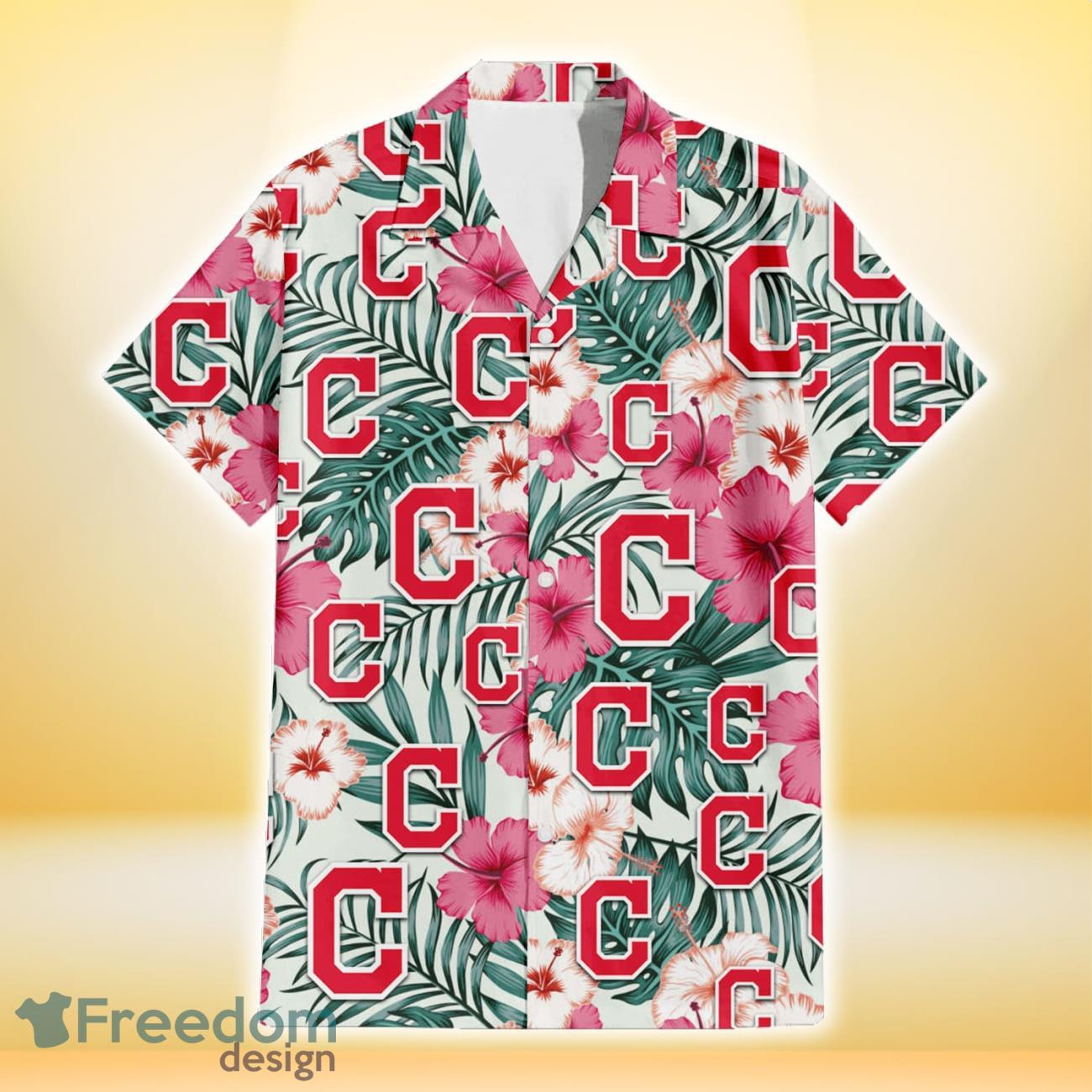 Cleveland Indians Coral Pink Hibiscus Green Leaf Beige Background 3D Hawaiian Shirt Gift For Fans Product Photo 2