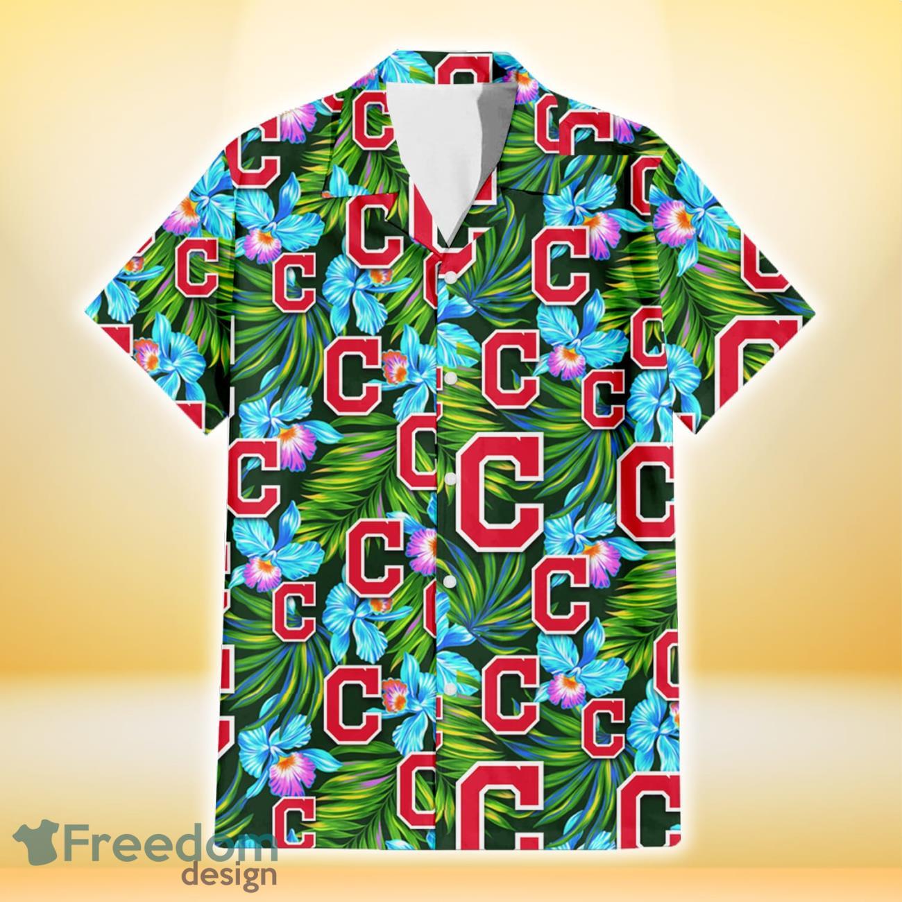 Cleveland Indians Electro Color Hibiscus Black Background 3D Hawaiian Shirt Gift For Fans Product Photo 2