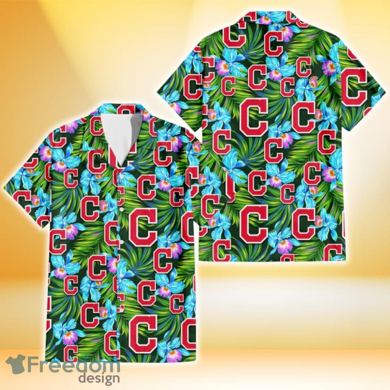 Cleveland Indians Electro Color Hibiscus Black Background 3D Hawaiian Shirt Gift For Fans Product Photo 1