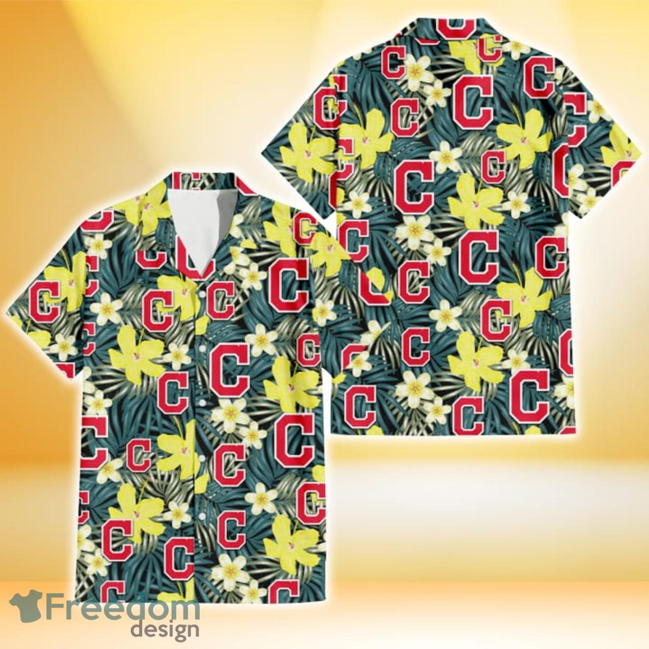 Cleveland Indians Hibiscus Green Palm Leaf Black Background 3D Hawaiian Shirt Gift For Fans Product Photo 1