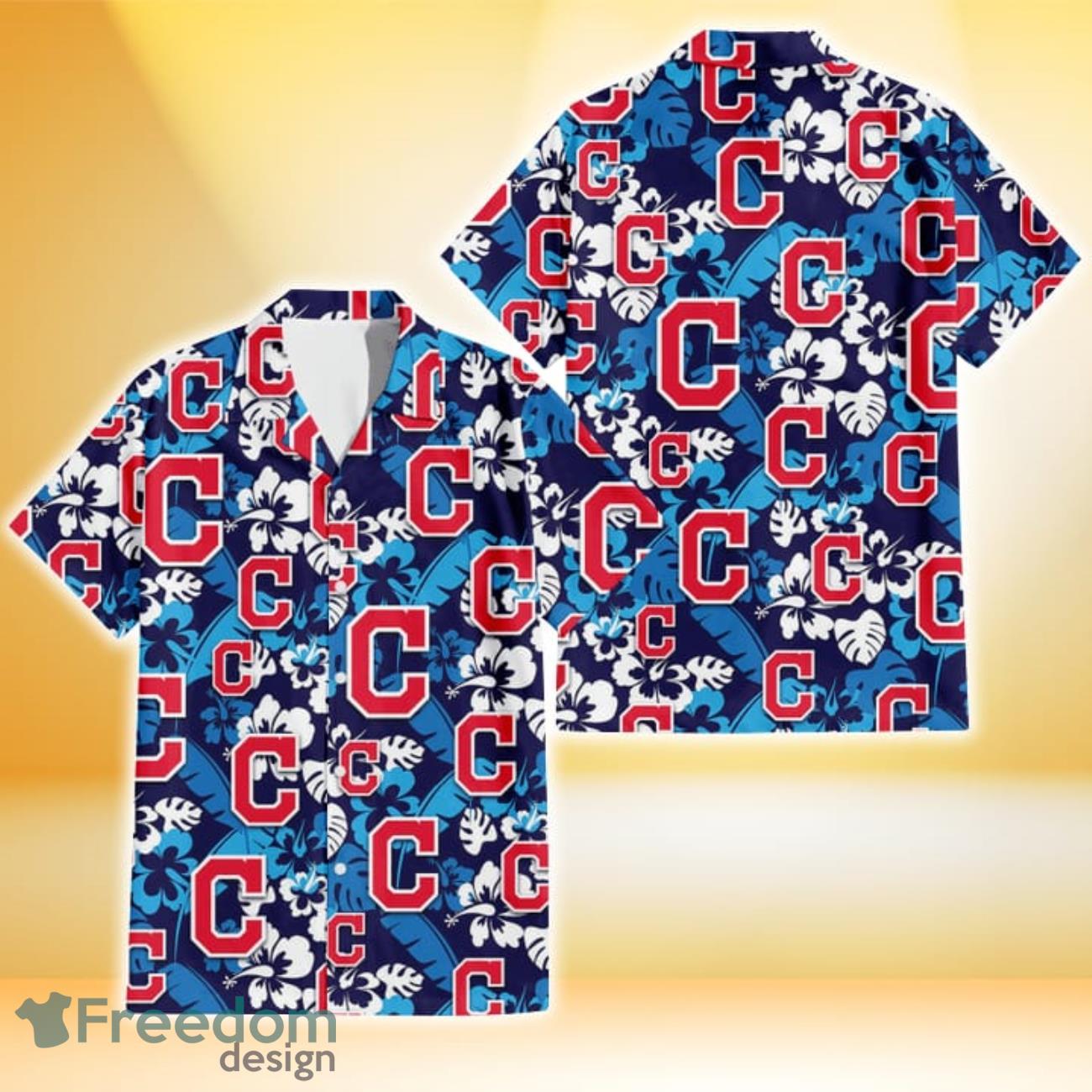 Cleveland Indians Light Blue Hibiscus Banana Leaf Navy Background 3D Hawaiian Shirt Gift For Fans Product Photo 1