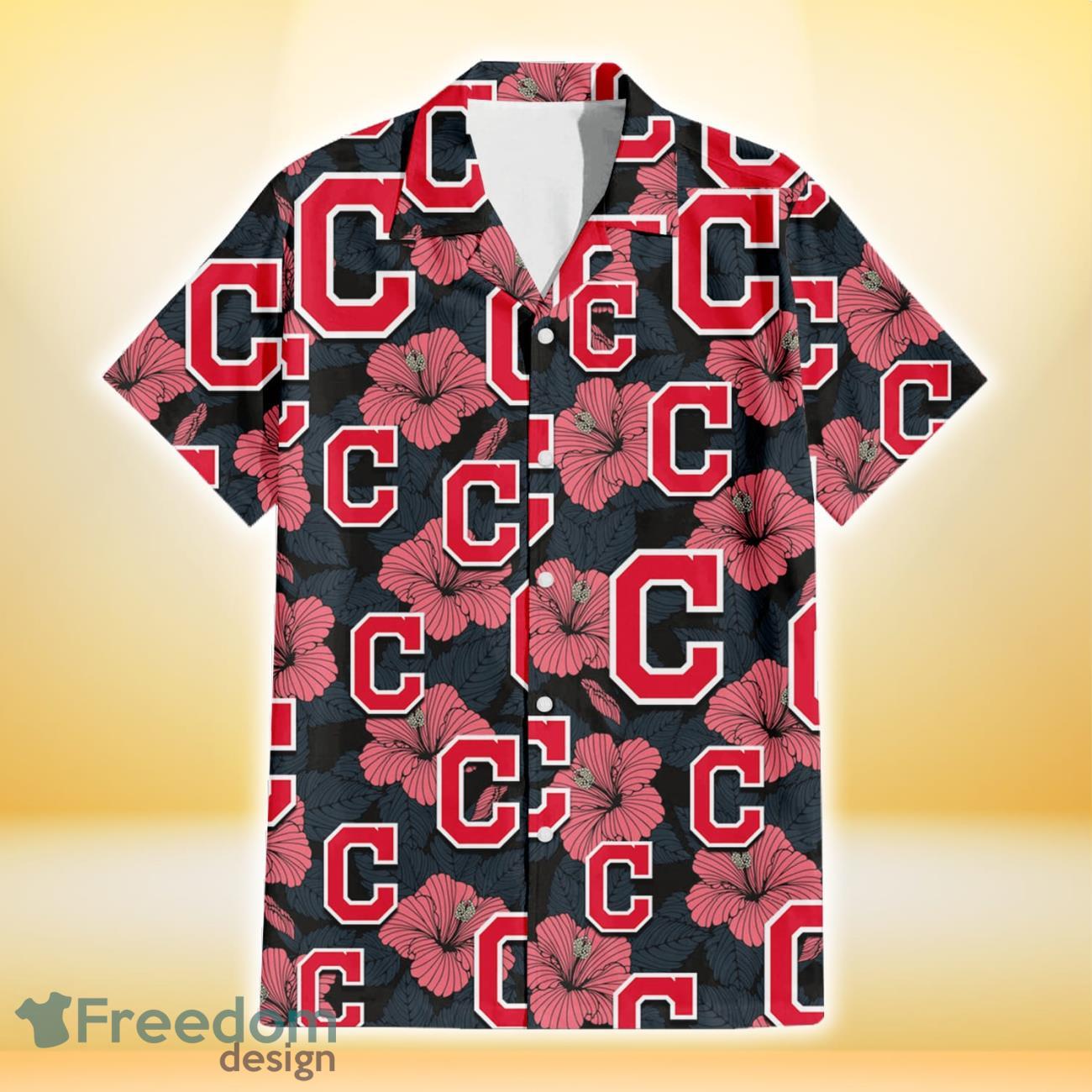 Cleveland Indians Light Coral Hibiscus Gray Leaf Black Background 3D Hawaiian Shirt Gift For Fans Product Photo 2