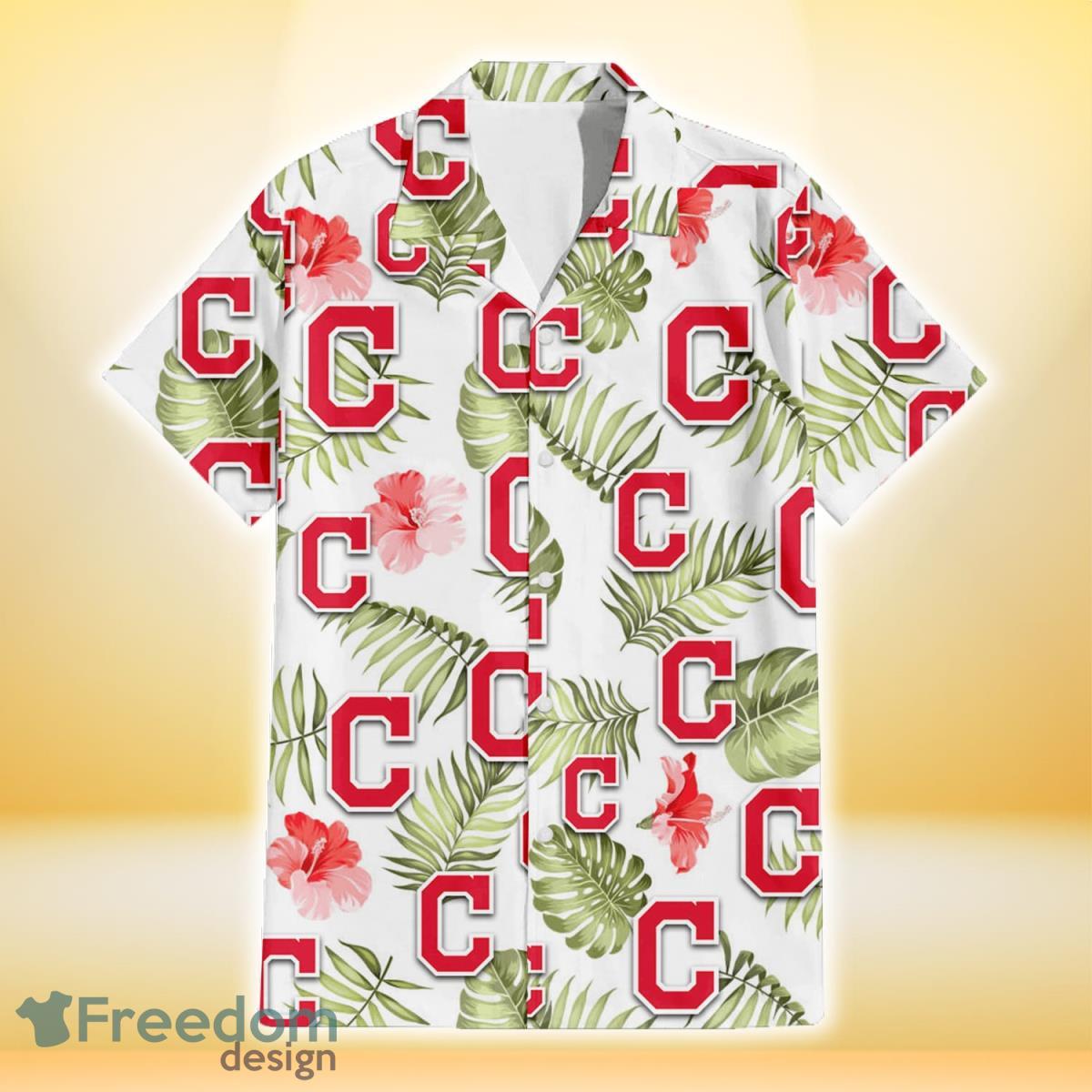 Cleveland Indians Light Salmon Hibiscus Green Leaf White Background 3D Hawaiian Shirt Gift For Fans Product Photo 2