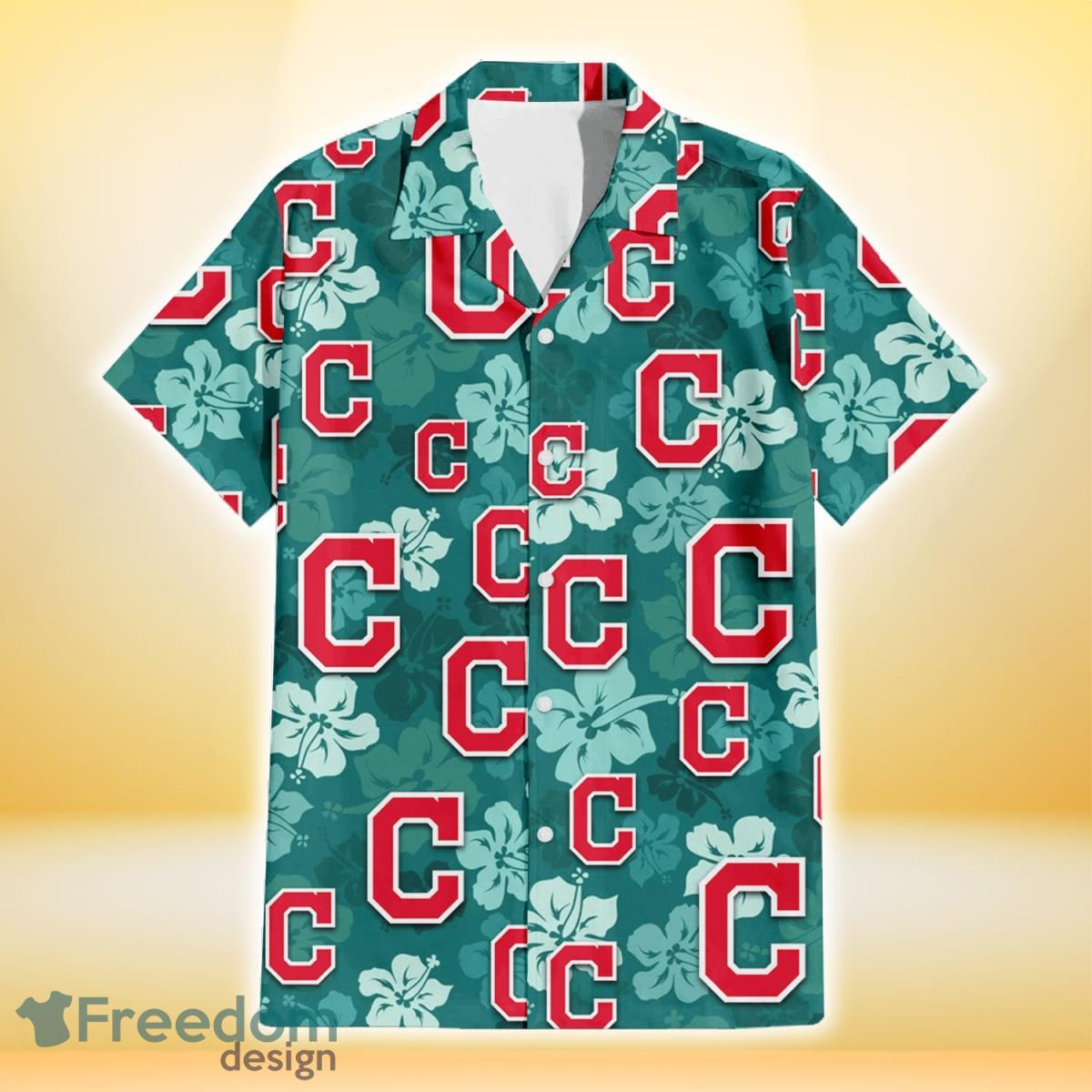 Cleveland Indians White Tropical Leaf Red Hibiscus Navy Background 3D  Hawaiian Shirt Gift For Fans - Freedomdesign