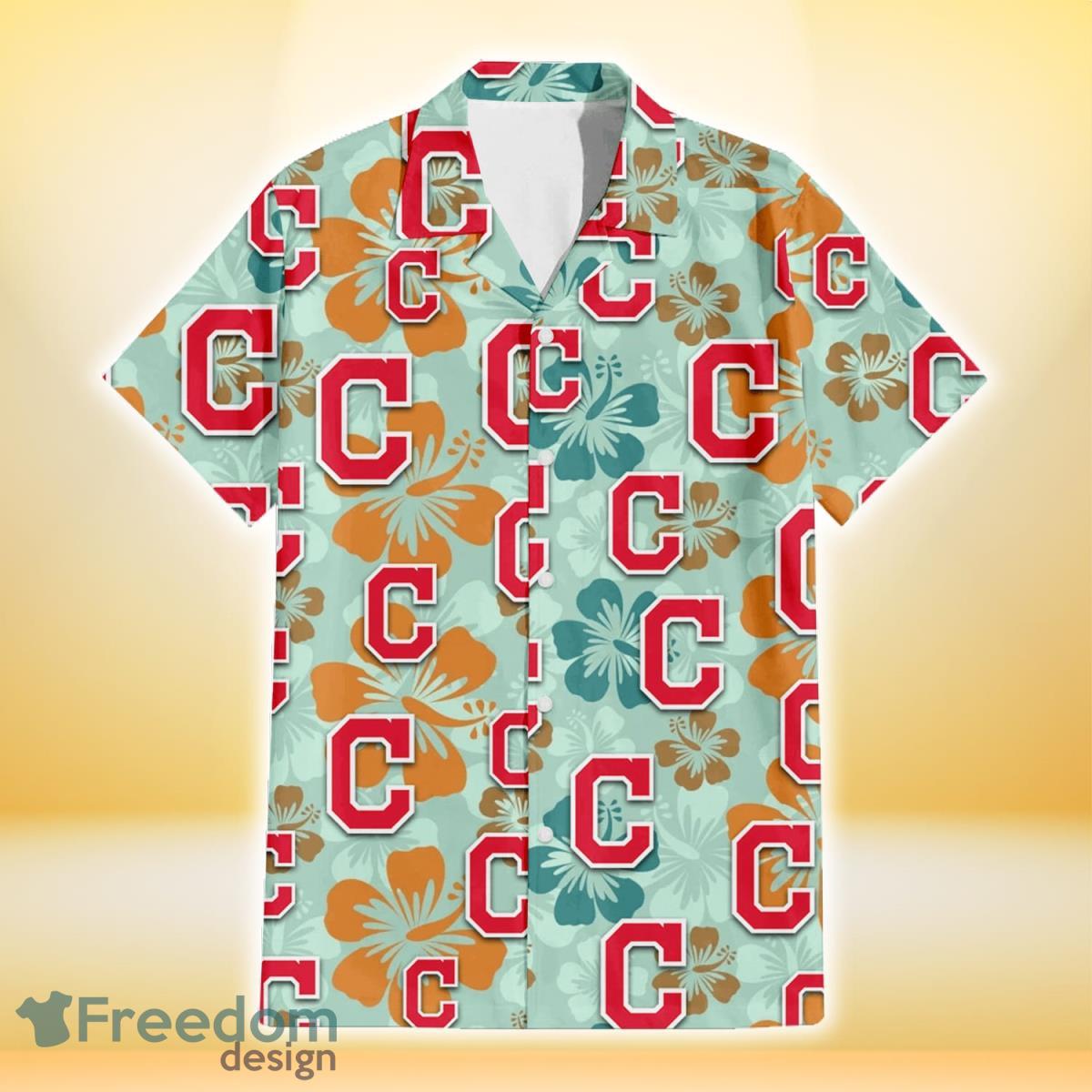 Cleveland Indians Orange Green Hibiscus Pale Green Background 3D Hawaiian Shirt Gift For Fans Product Photo 2