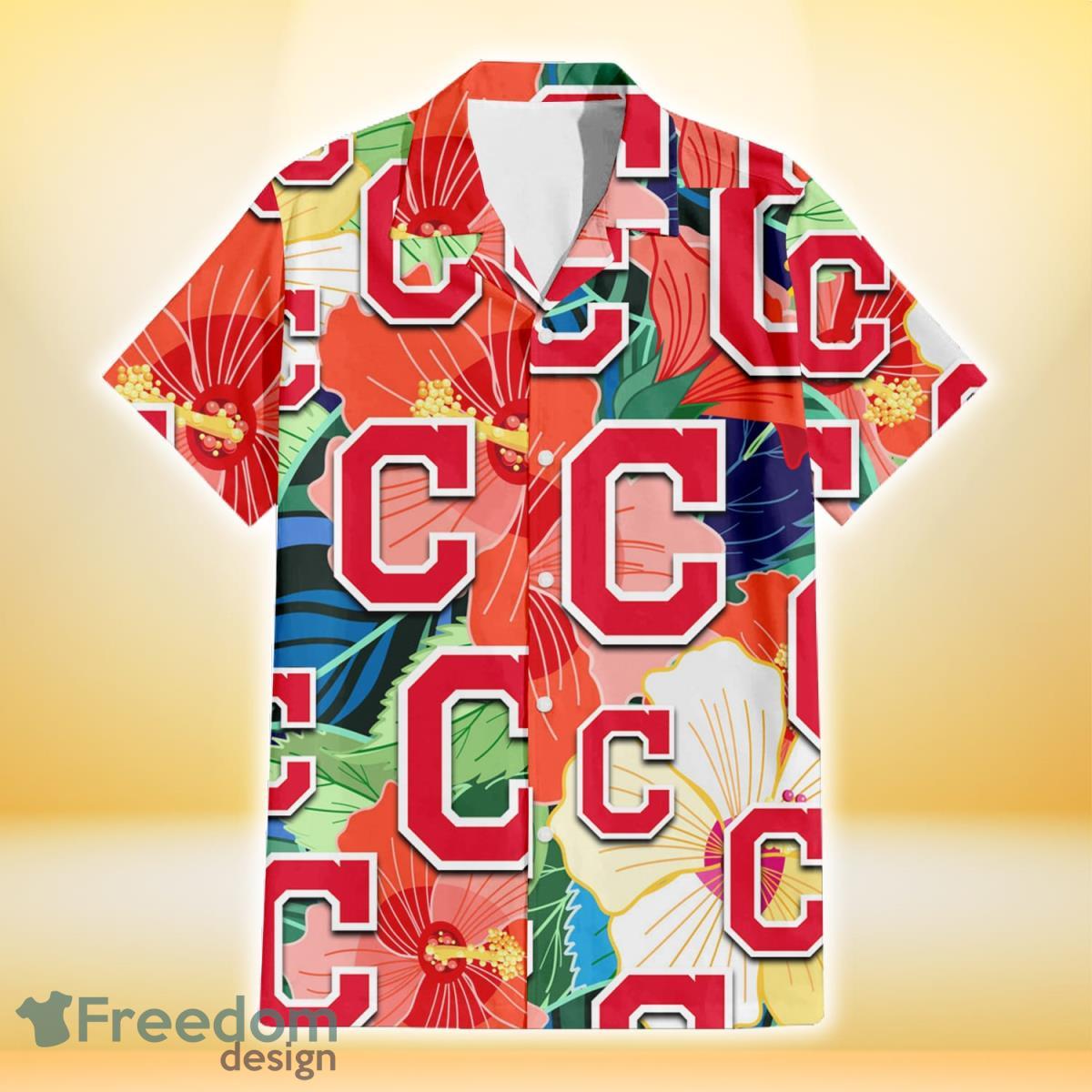 Cleveland Indians Orange White Tropical Hibiscus Green Leaf 3D Hawaiian Shirt Gift For Fans Product Photo 2