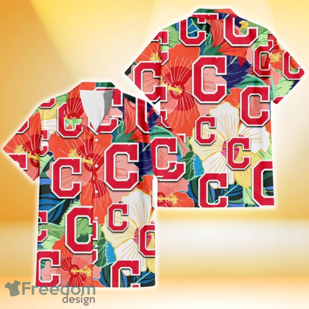 Cleveland Indians Red And White Hibiscus Dark Leaf Black Background 3D  Hawaiian Shirt Gift For Fans - Freedomdesign