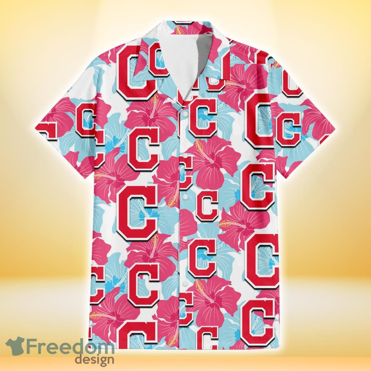 Cleveland Indians Pink Blue Hibiscus White Background 3D Hawaiian Shirt Gift For Fans Product Photo 2