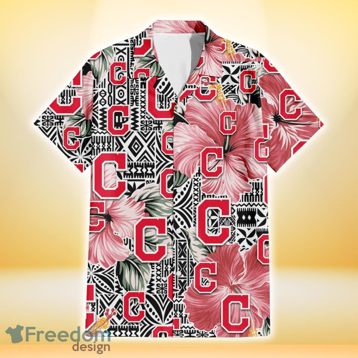 Cleveland Indians Pink Hibiscus Black Pattern White Background 3D Hawaiian Shirt Gift For Fans Product Photo 2