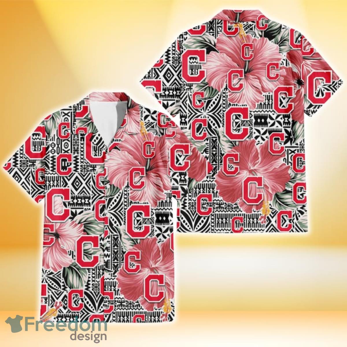 Cleveland Indians Pink Hibiscus Black Pattern White Background 3D Hawaiian Shirt Gift For Fans Product Photo 1