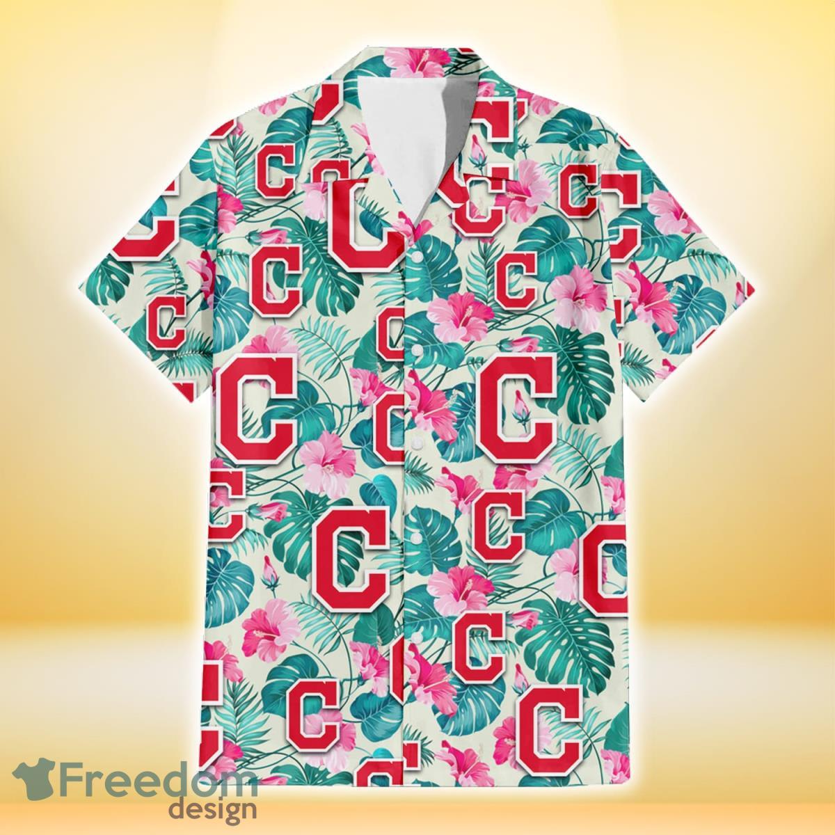 Cleveland Indians Pink Hibiscus Green Leaf Beige Background 3D Hawaiian Shirt Gift For Fans Product Photo 2