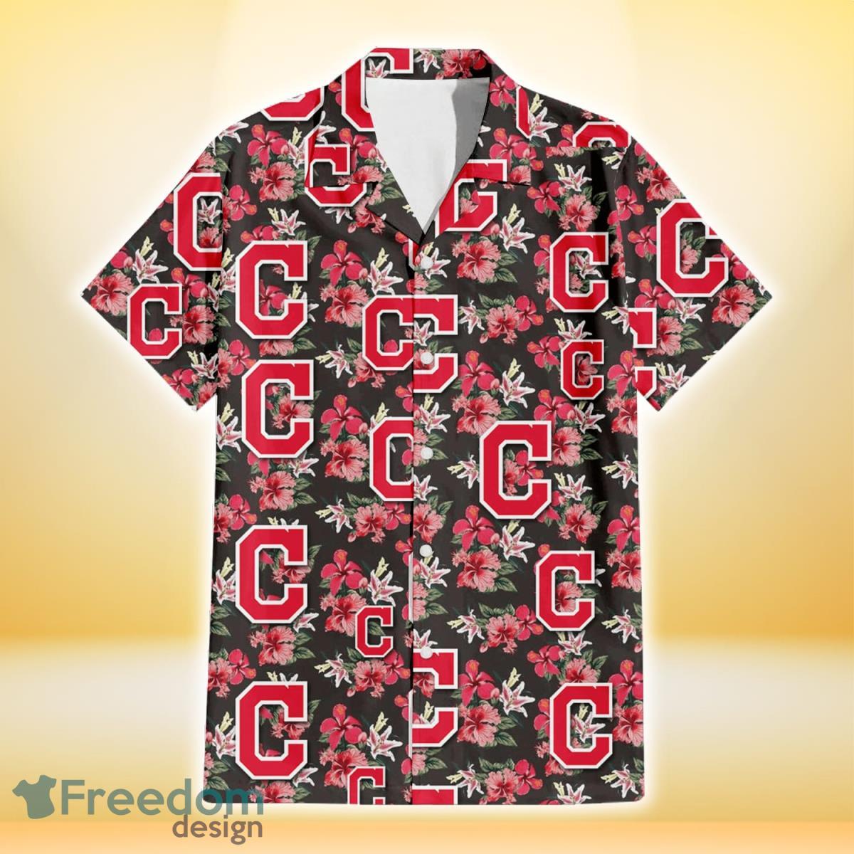 Cleveland Indians Pink Hibiscus Orchid Brown Background 3D Hawaiian Shirt Gift For Fans Product Photo 2