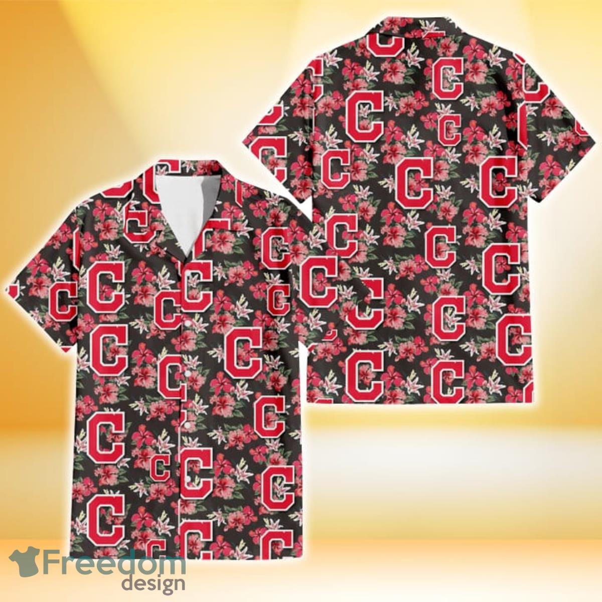 Cleveland Indians Pink Hibiscus Orchid Brown Background 3D Hawaiian Shirt Gift For Fans Product Photo 1