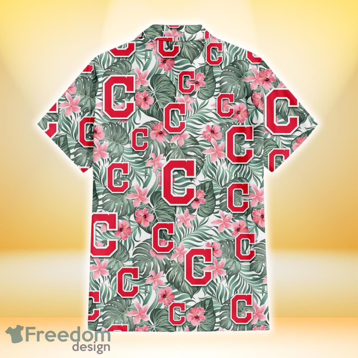 Cleveland Indians Violet Red Hibiscus Blue Leaf Black Background 3D  Hawaiian Shirt Gift For Fans - Freedomdesign