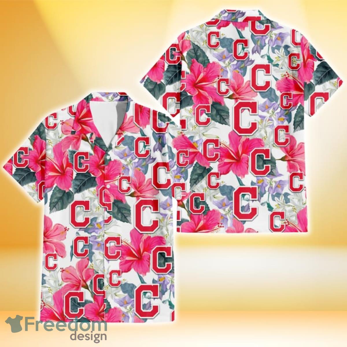 Cleveland Indians Logo And Red Pink White Hibiscus 3D Hawaiian Shirt For  Fans