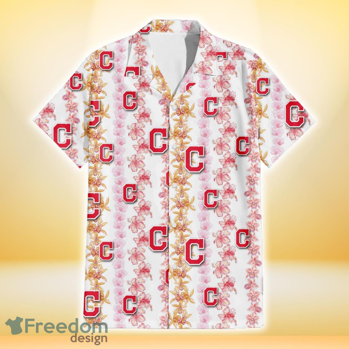 Cleveland Indians Pink Hibiscus Yellow Pink Orchid White Background 3D Hawaiian Shirt Gift For Fans Product Photo 2