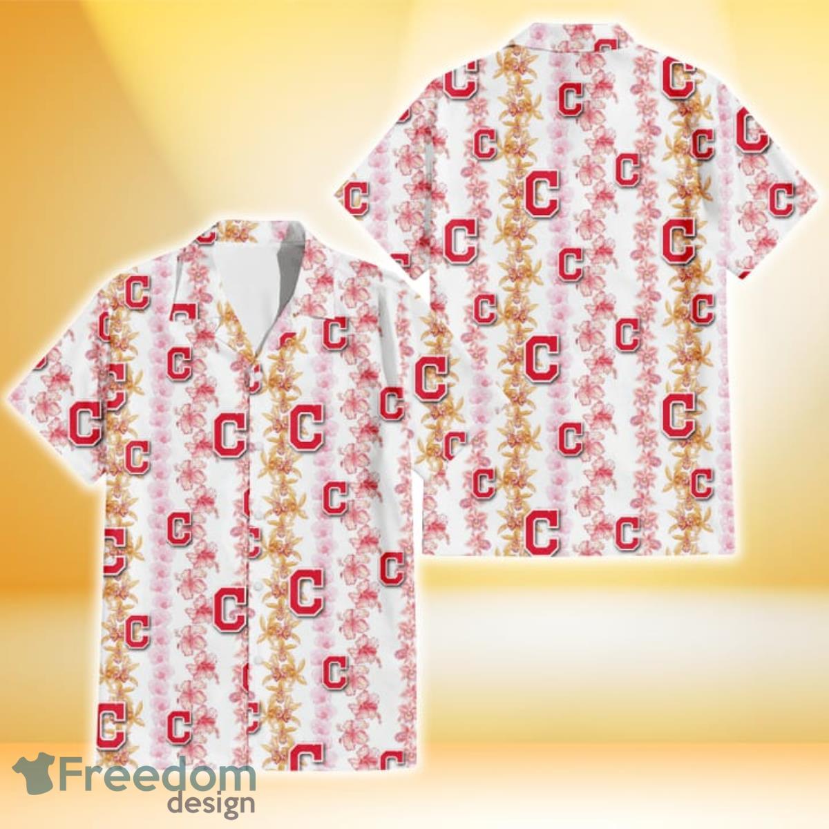 Cleveland Indians Pink Hibiscus Yellow Pink Orchid White Background 3D Hawaiian Shirt Gift For Fans Product Photo 1