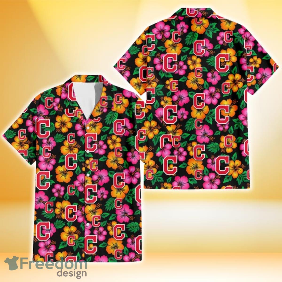 Cleveland Indians Pink Orange Black Background 3D Hawaiian Shirt Gift For Fans Product Photo 1