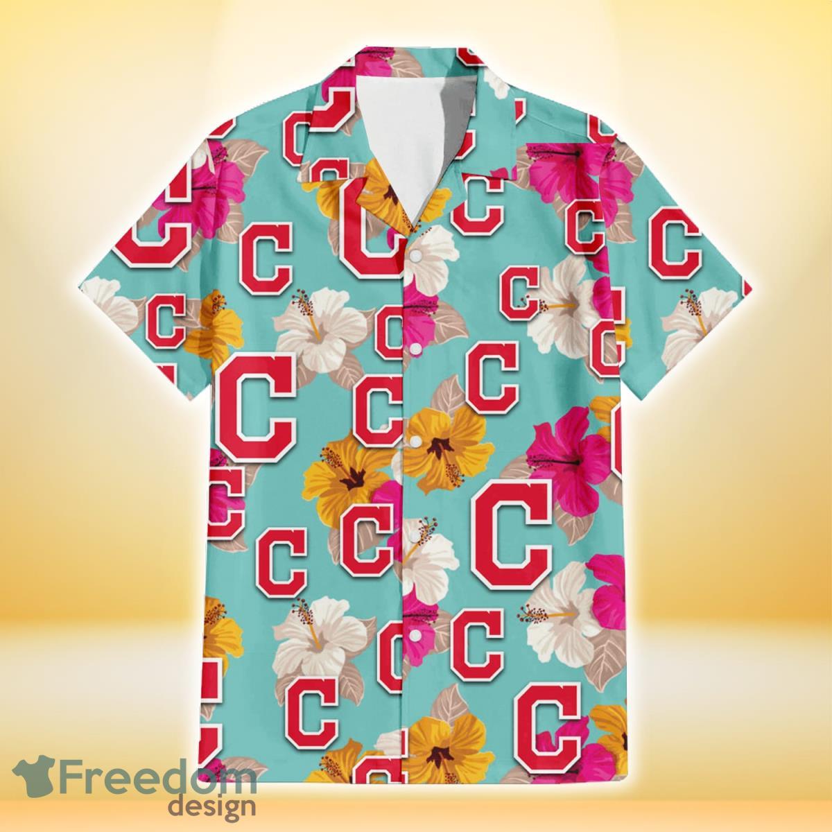 Cleveland Indians White Hibiscus Turquoise Stripe Pattern 3D Hawaiian Shirt  Summer Gift