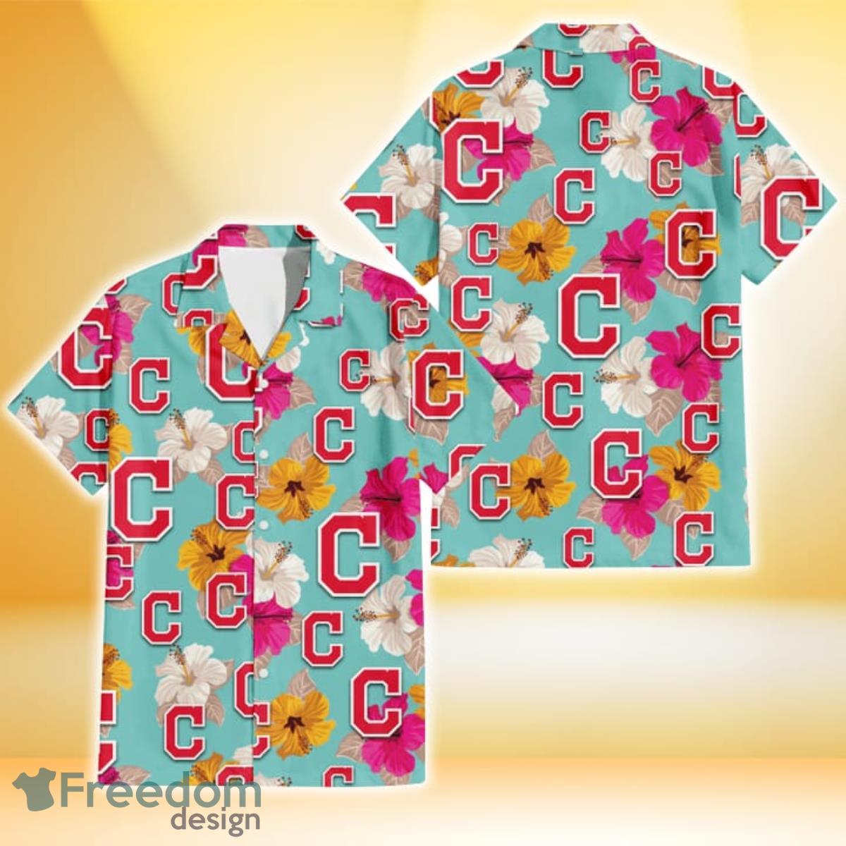 Cleveland Indians Pink Yellow White Hibiscus Turquoise Background 3D Hawaiian Shirt Gift For Fans Product Photo 1