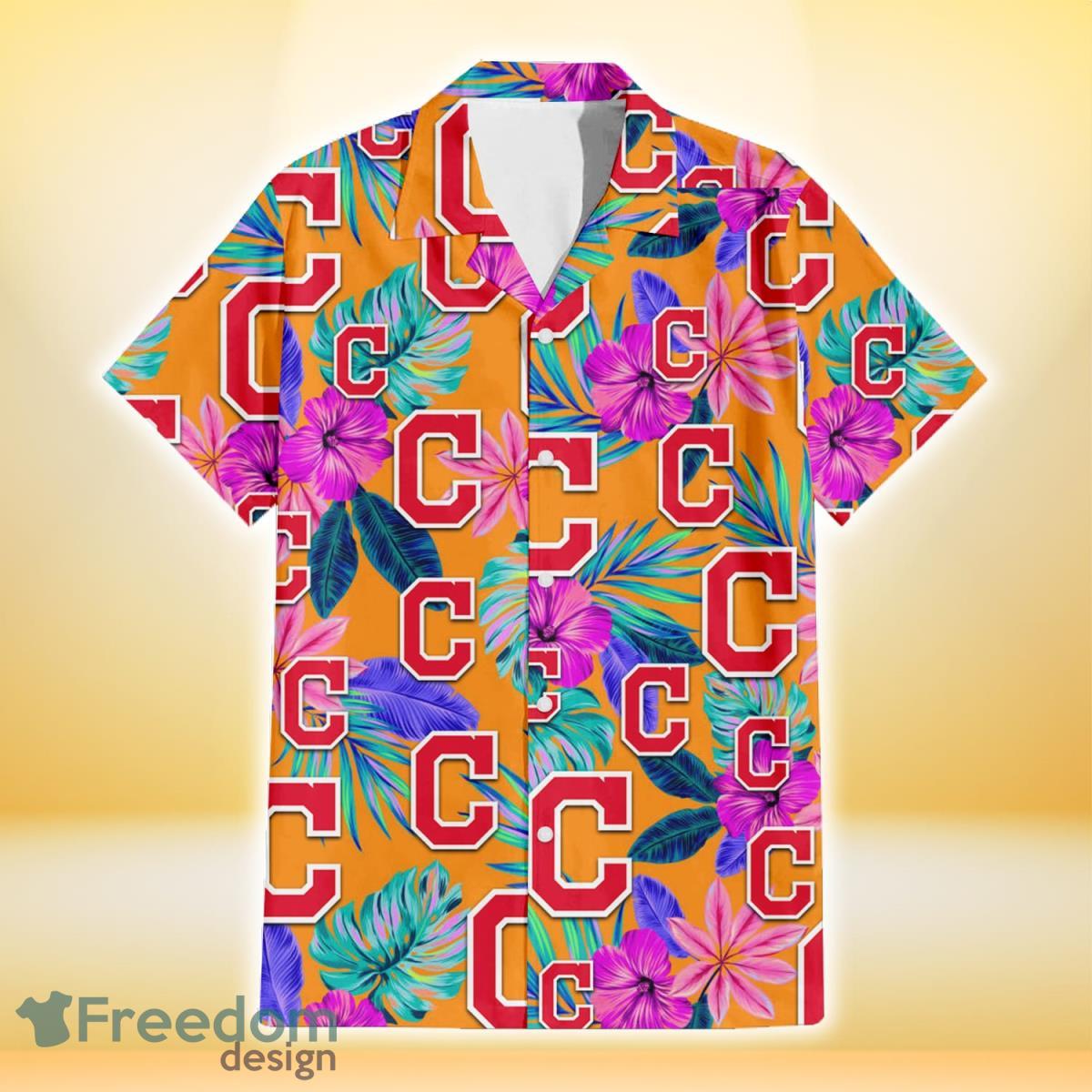 Cleveland Indians Purple Hibiscus Neon Leaf Orange Background 3D Hawaiian Shirt Gift For Fans Product Photo 2