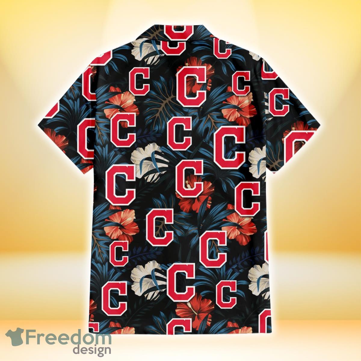 Cleveland Indians Red And White Hibiscus Dark Leaf Black Background 3D  Hawaiian Shirt Gift For Fans - Freedomdesign