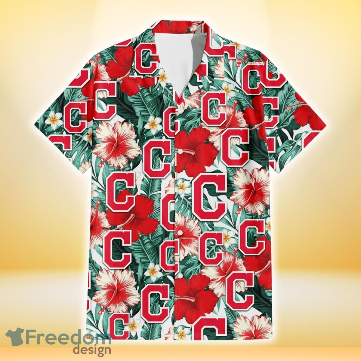 Cleveland Indians Red Coral Hibiscus White Porcelain Flower Banana Leaf 3D Hawaiian Shirt Gift For Fans Product Photo 2