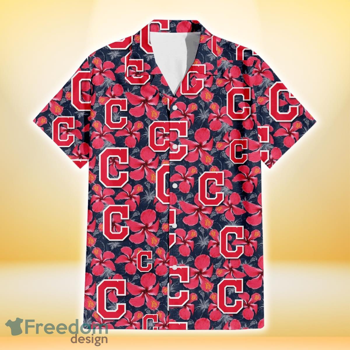 Cleveland Indians Red Hibiscus Dark Gray Background 3D Hawaiian Shirt Gift For Fans Product Photo 2