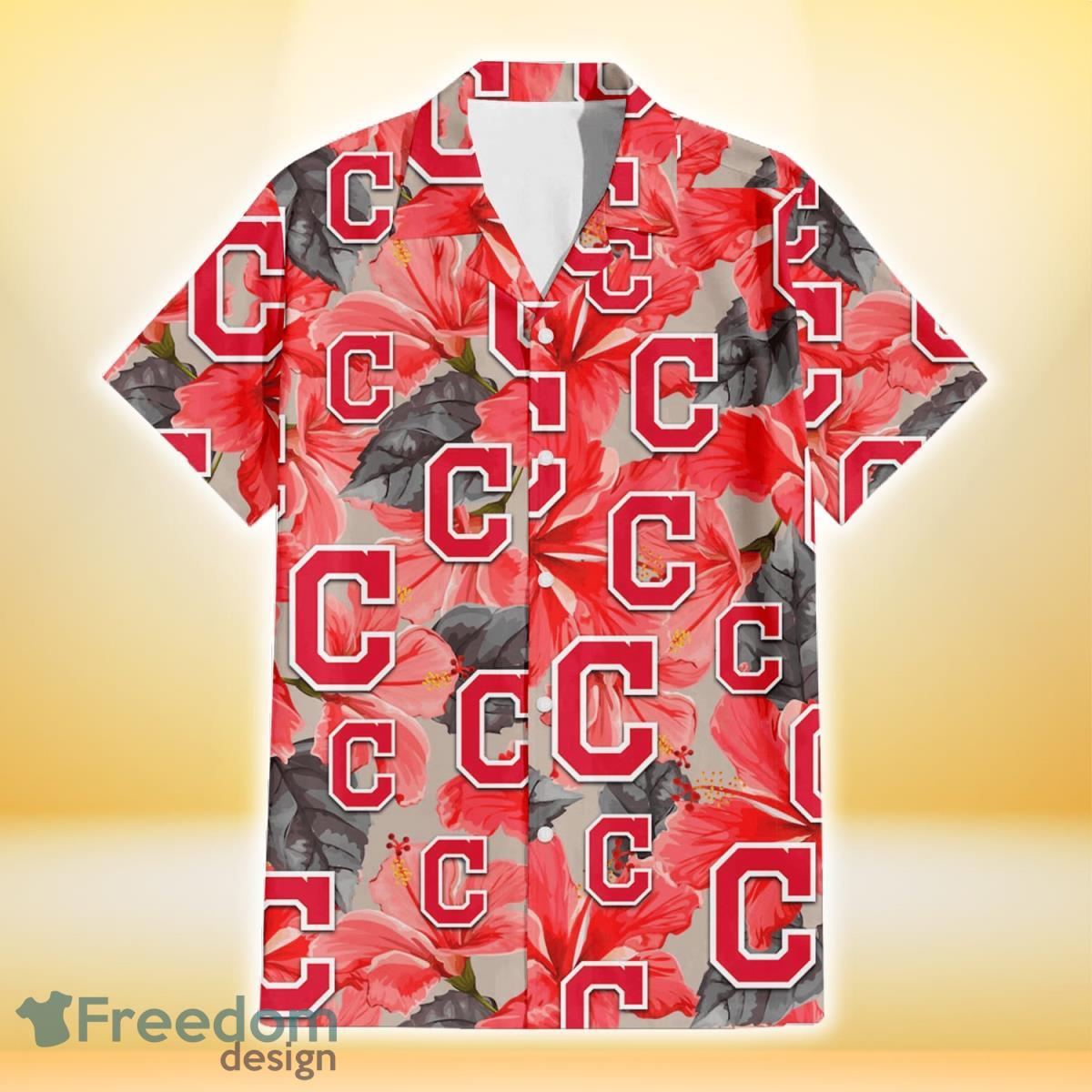 Cleveland Indians Red Hibiscus Gray Leaf Beige Background 3D Hawaiian Shirt  Gift For Fans - Freedomdesign