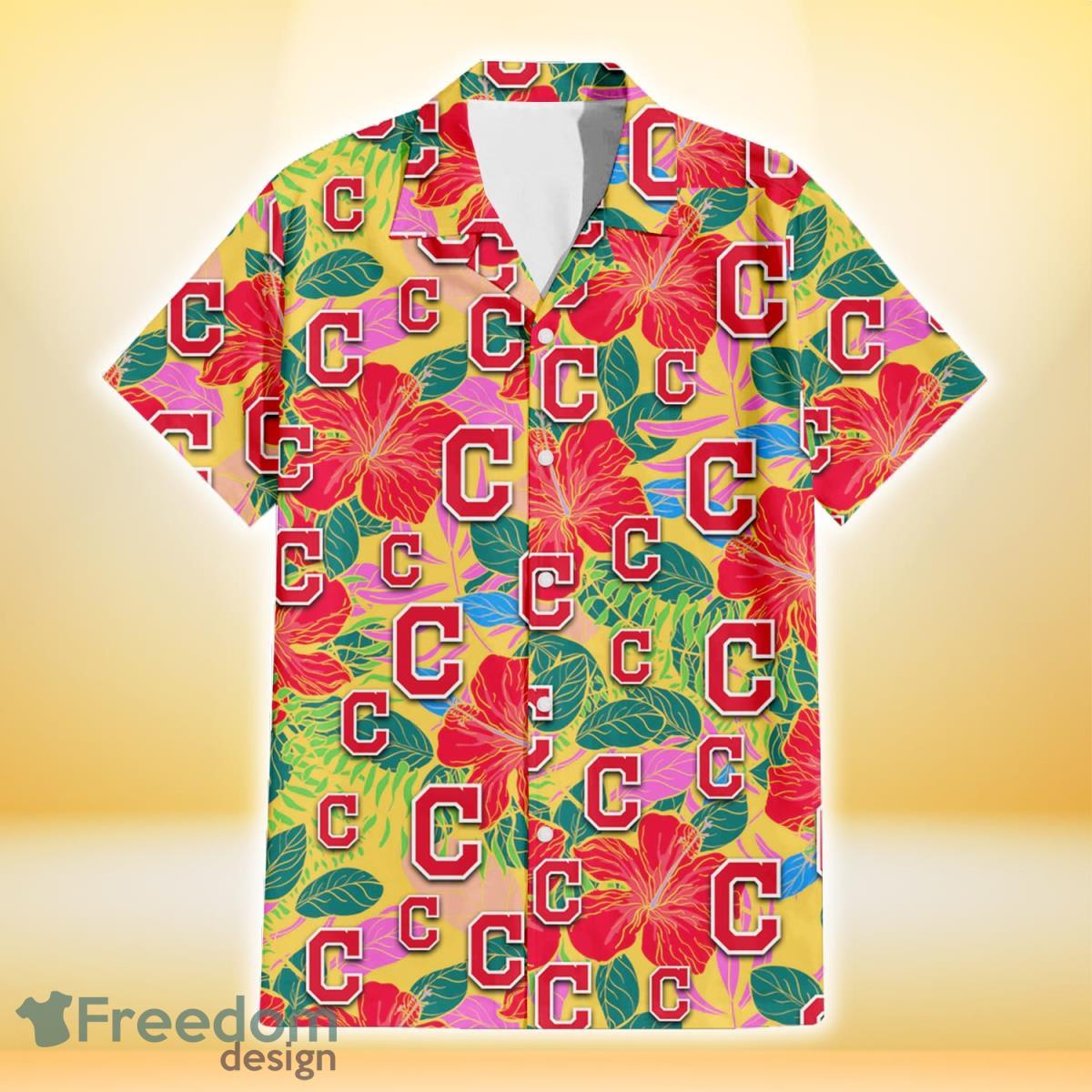 Cleveland Indians Red Hibiscus Green Blue Leaf Yellow Background 3D Hawaiian Shirt Gift For Fans Product Photo 2