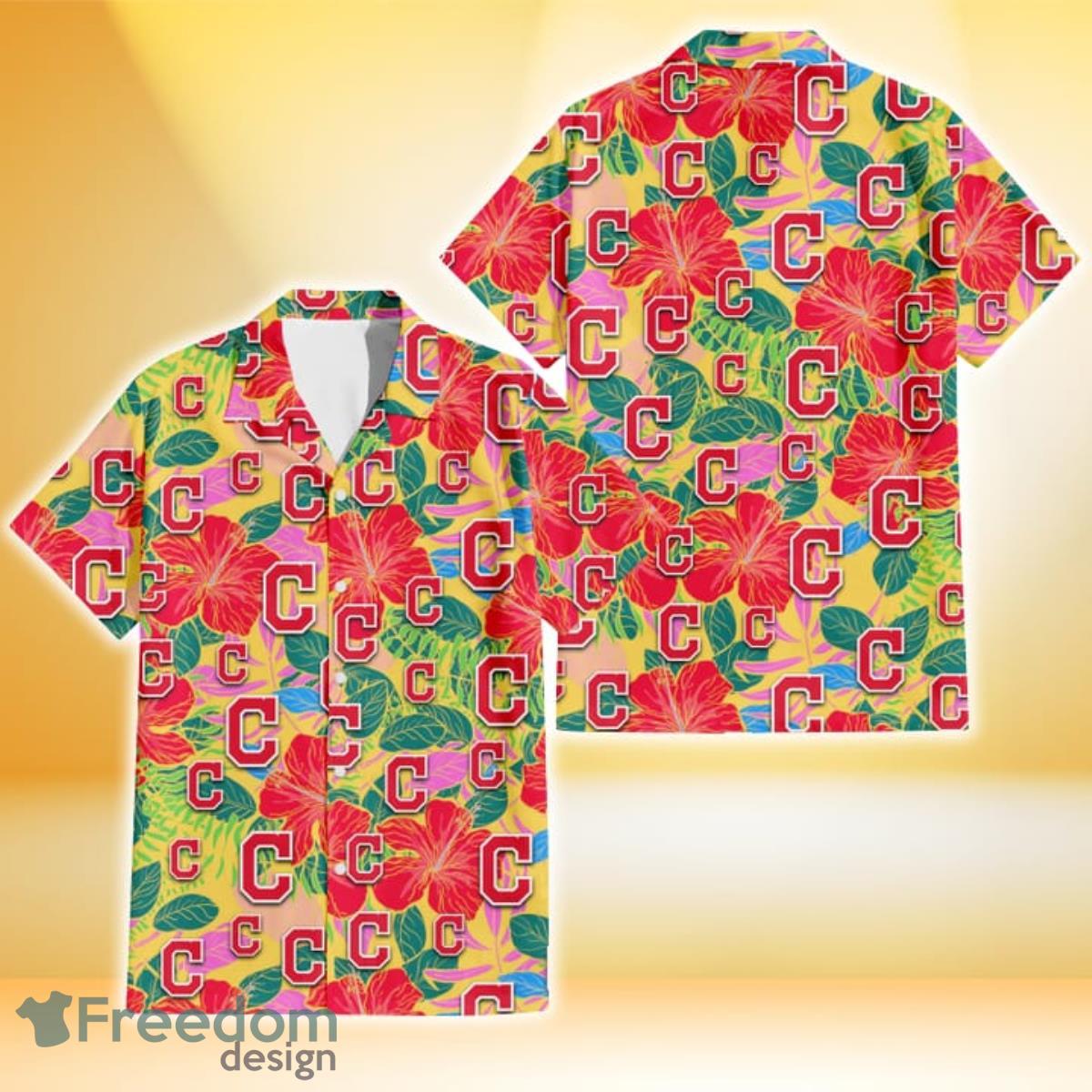 Cleveland Indians Red Hibiscus Green Blue Leaf Yellow Background 3D Hawaiian Shirt Gift For Fans Product Photo 1