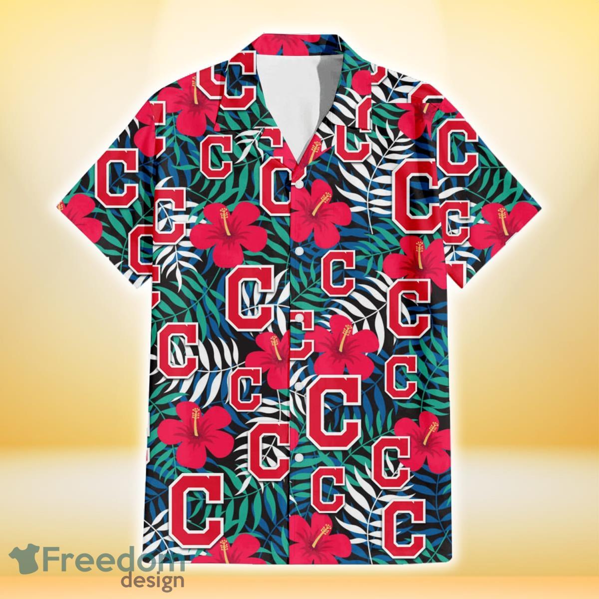 Cleveland Indians Red Hibiscus Green Blue White Leaf Black Background 3D Hawaiian Shirt Gift For Fans Product Photo 2