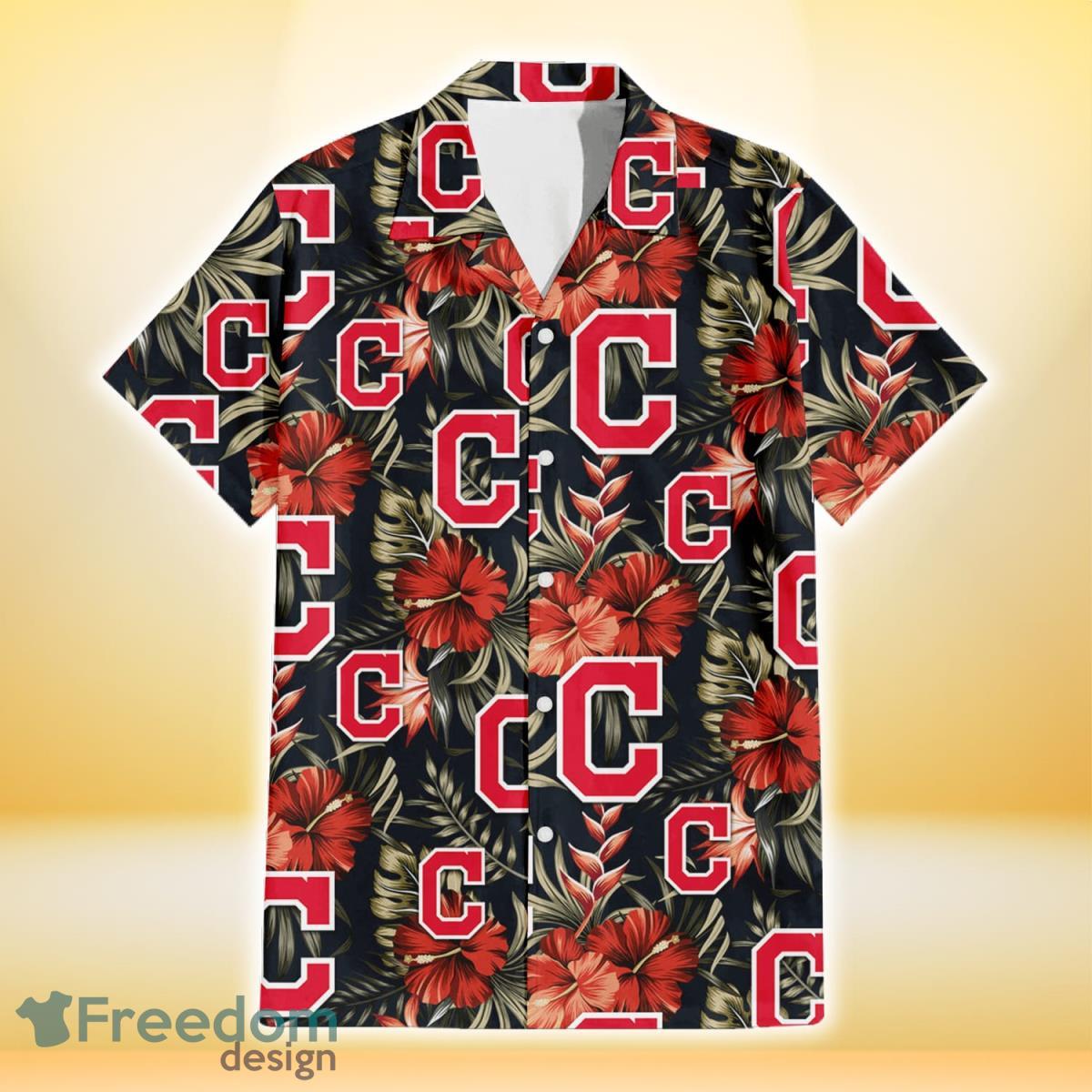 Cleveland Indians Red Hibiscus Green Leaf Dark Background 3D Hawaiian Shirt Gift For Fans Product Photo 2