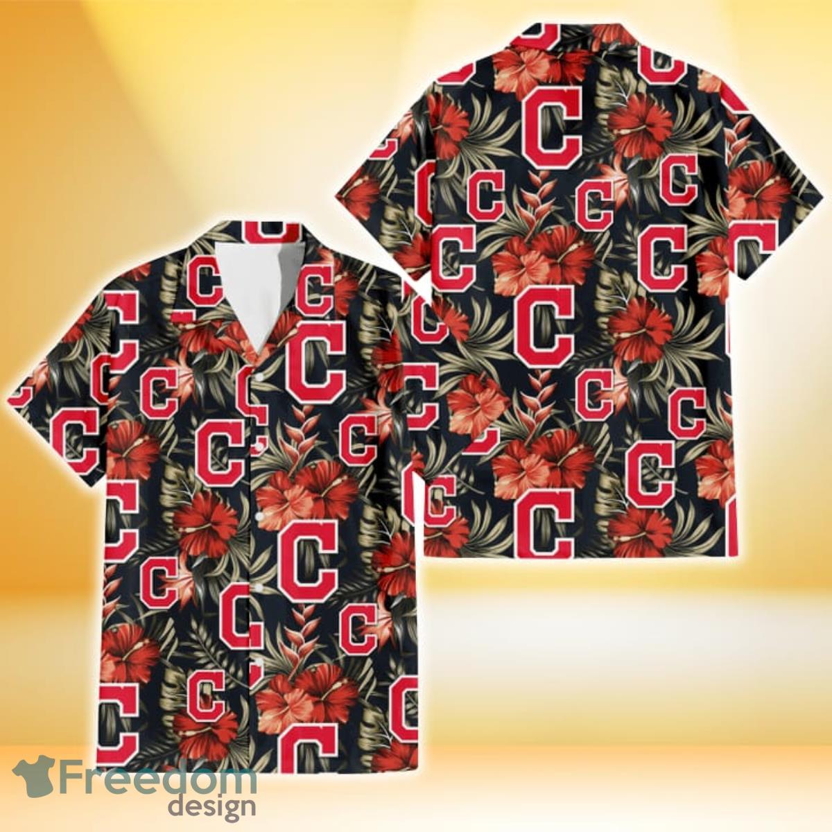 Cleveland Indians White Tropical Leaf Red Hibiscus Navy Background 3D  Hawaiian Shirt Gift For Fans - Freedomdesign