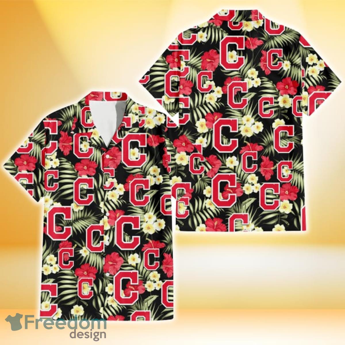 Cleveland Indians Red And White Hibiscus Dark Leaf Black Background 3D  Hawaiian Shirt Gift For Fans - Freedomdesign