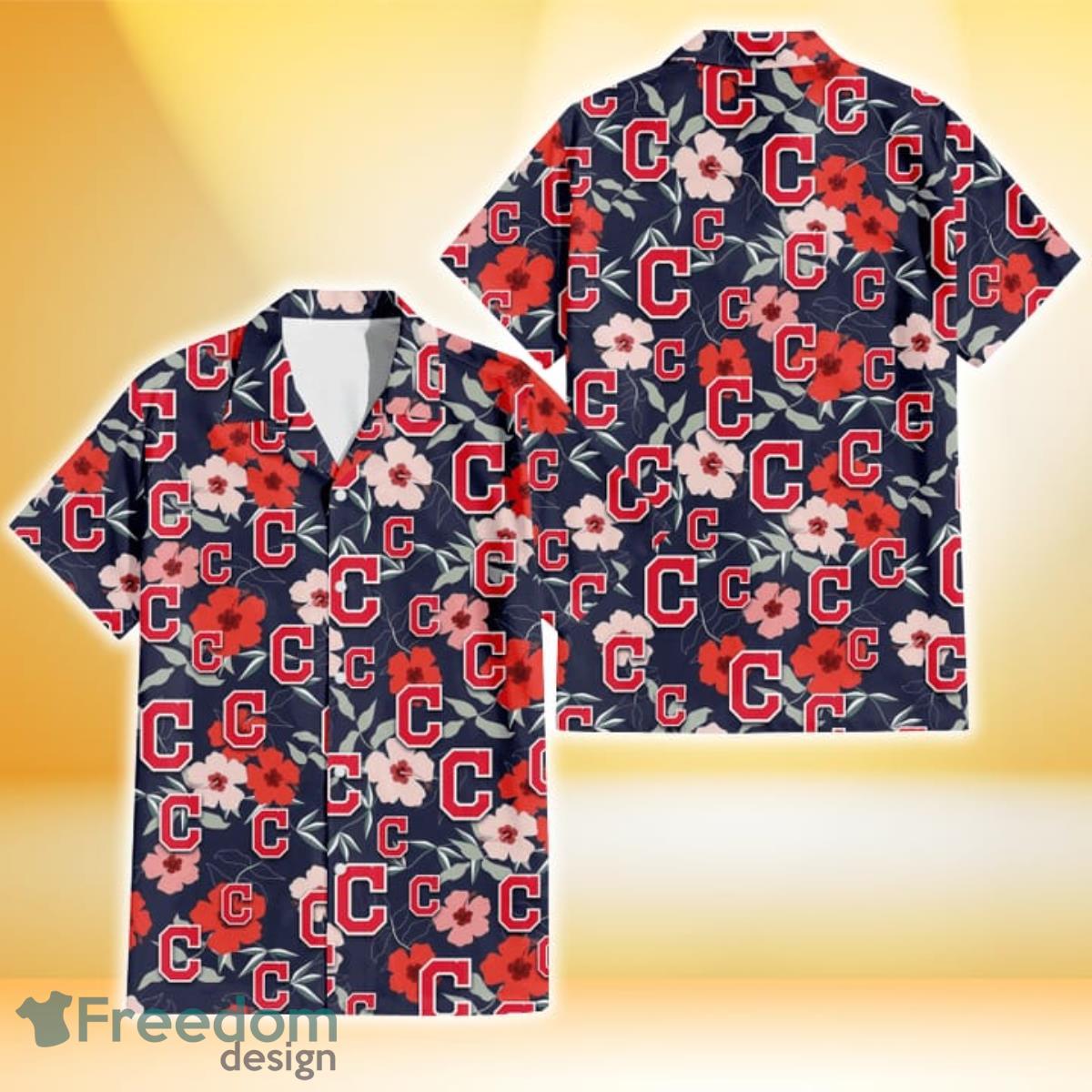 Cleveland Indians Logo And Red Pink White Hibiscus 3D Hawaiian Shirt For  Fans