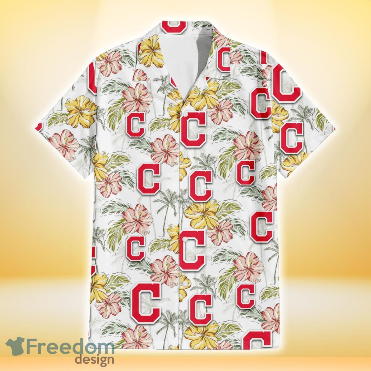 Cleveland Indians Sketch Red Yellow Coconut Tree White Background 3D Hawaiian Shirt Gift For Fans Product Photo 2