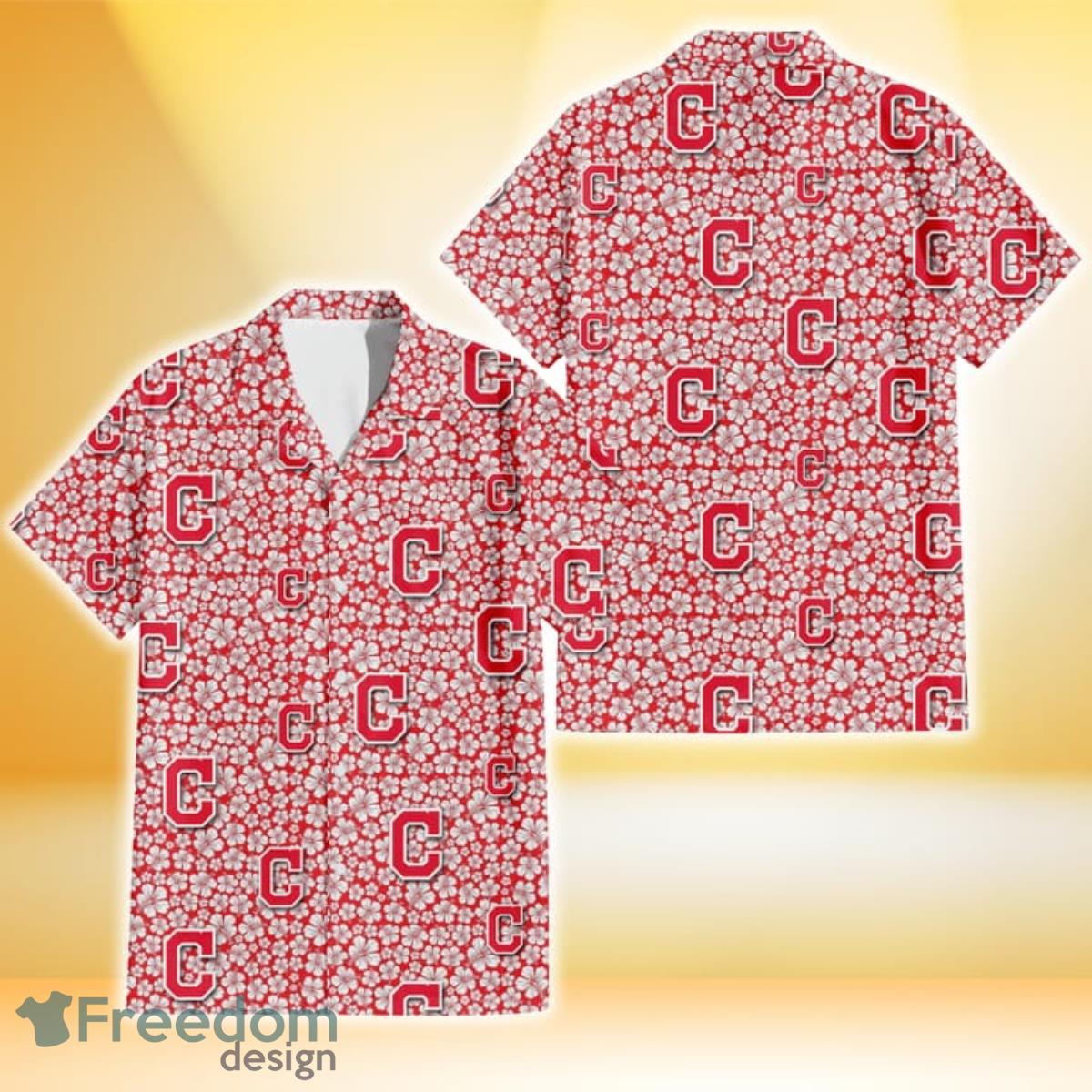 Cleveland Indians Tiny White Hibiscus Pattern Red Background 3D Hawaiian Shirt Gift For Fans Product Photo 1