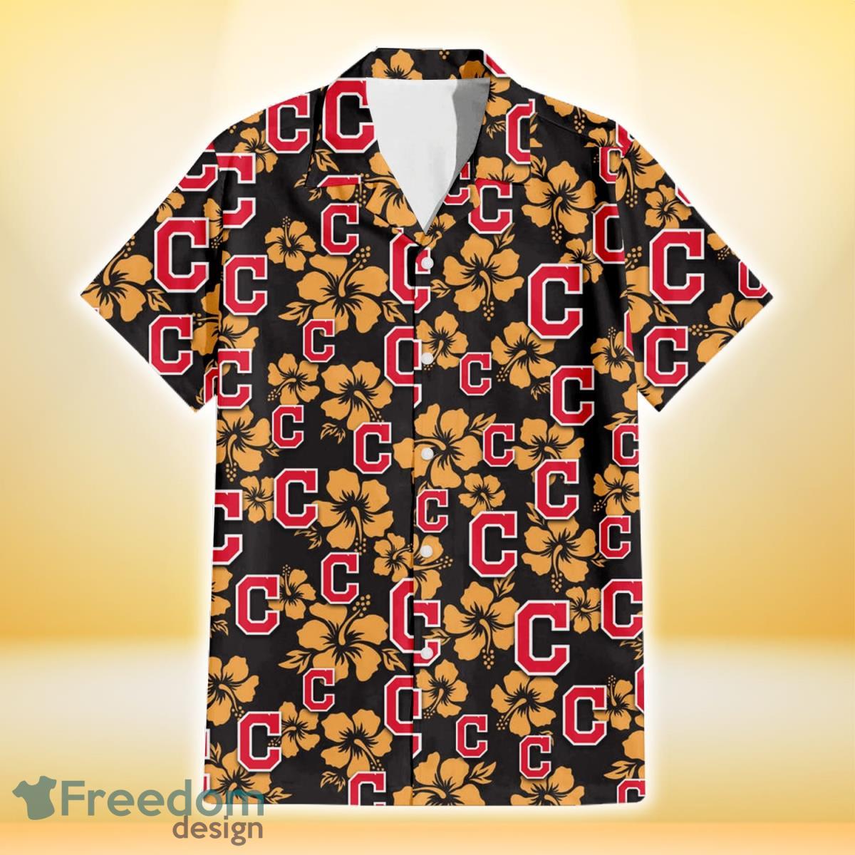 Cleveland Indians Tiny Yellow Hibiscus Black Background 3D Hawaiian Shirt Gift For Fans Product Photo 2