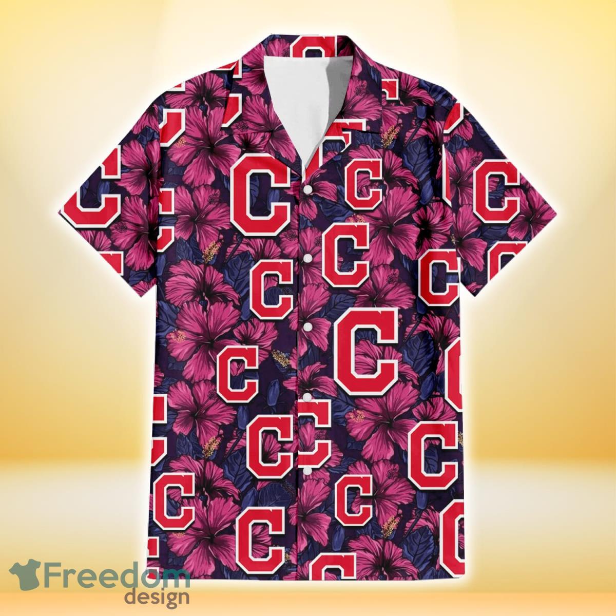 Cleveland Indians Violet Red Blue Leaf Black Background 3D Hawaiian Shirt Gift For Fans Product Photo 2