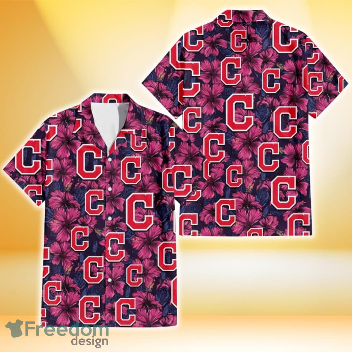 Cleveland Indians Orange Hibiscus Blue Gray Leaf Black Background 3D  Hawaiian Shirt Gift For Fans - Freedomdesign