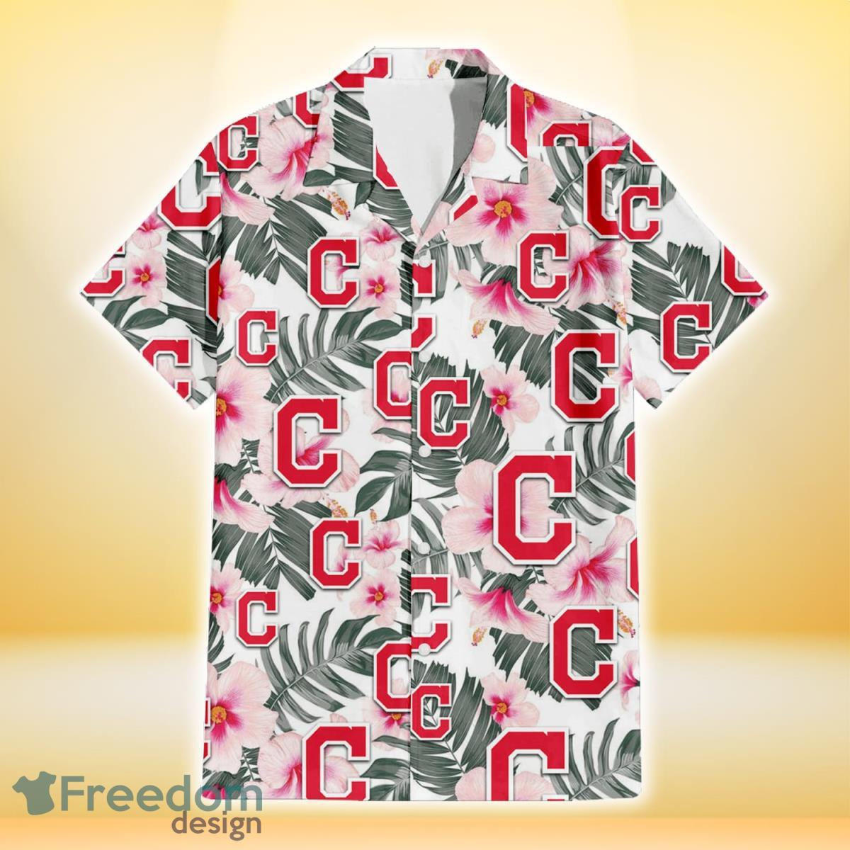 Cleveland Indians White Hibiscus Green Leaf White Background 3D Hawaiian Shirt Gift For Fans Product Photo 2