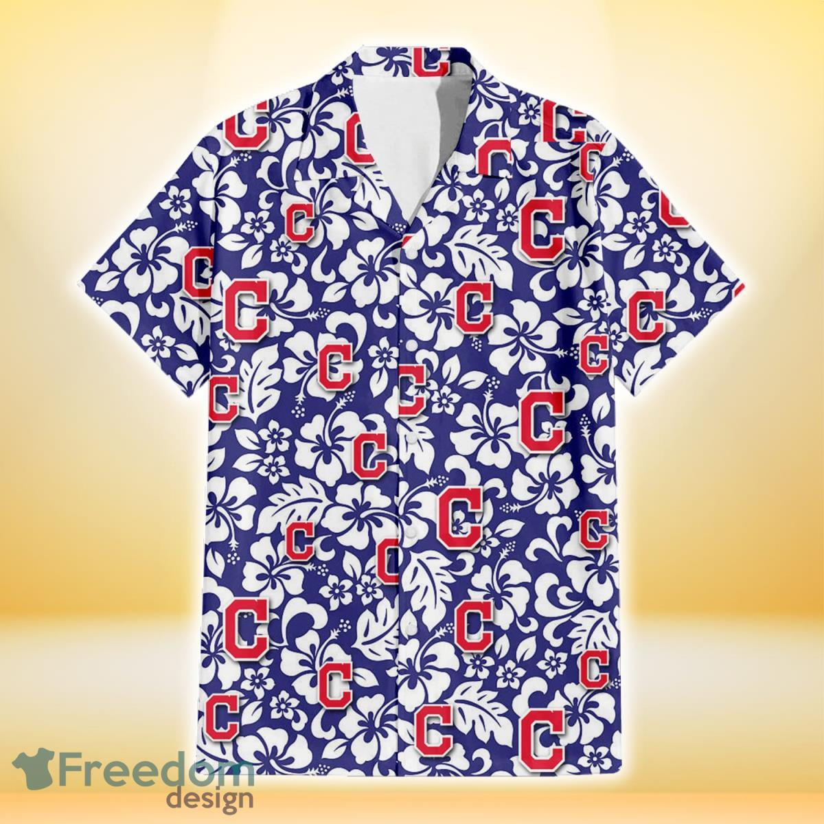Cleveland Indians Violet Red Hibiscus Blue Leaf Black Background 3D  Hawaiian Shirt Gift For Fans - Freedomdesign