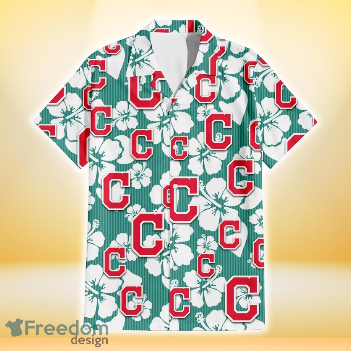 Cleveland Indians White Tropical Leaf Red Hibiscus Navy Background 3D  Hawaiian Shirt Gift For Fans - Freedomdesign