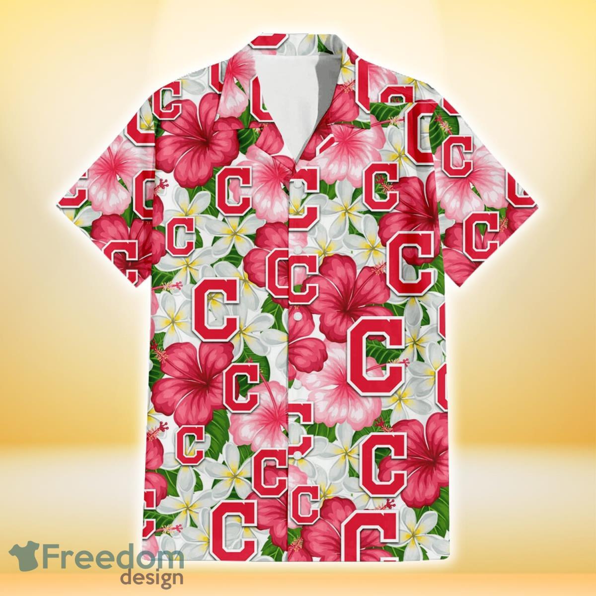 Cleveland Indians Logo And Red Pink White Hibiscus 3D Hawaiian Shirt For  Fans